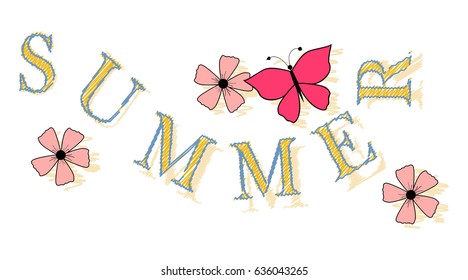 Word summer with flowers and a butterfly. Vector illustration