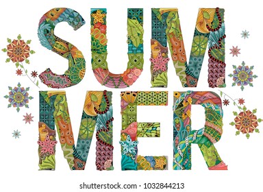 Word summer with flowers. Vector decorative zentangle object