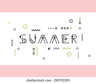 Word Summer with geometric elements on white background with pink frame