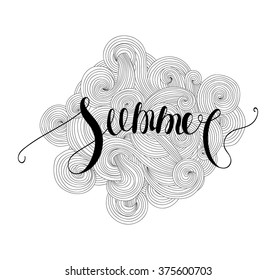 The word summer hand written on a wavy abstract background.