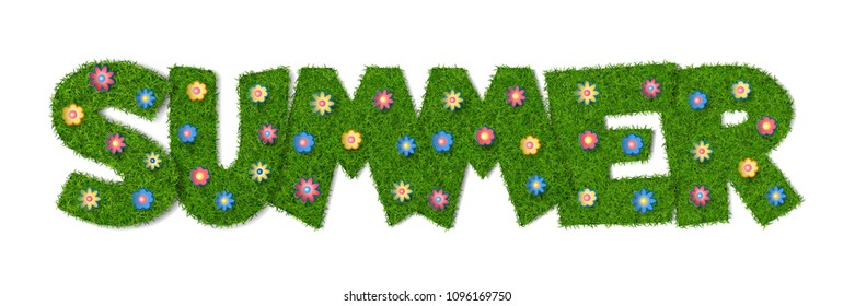 The word Summer. It is made with a grass texture, a Moorish lawn with bright colors. With soft shadows. For registration. Isolated on white background, vector illustration.