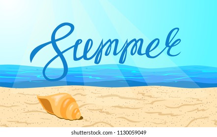 The word summer on a background of ocean coastline. Beach.