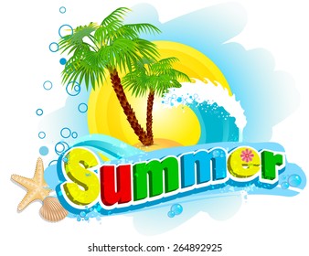 The word "summer" on the background of palm and waves