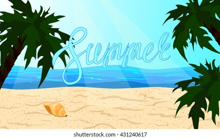 The word summer on the beach background and palm trees. Oceanic coast. Tropical beach. Vector illustration.