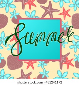 The word summer on the beach background. Card. Vector illustration.