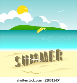 The word summer from sand on a beach and a small fish against the sea and clouds