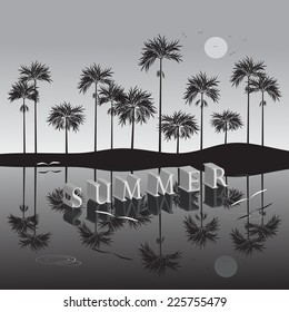 Word summer and silhouette of palm trees black and white color