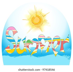 word summer in style graphites, with stylized sun and by sea