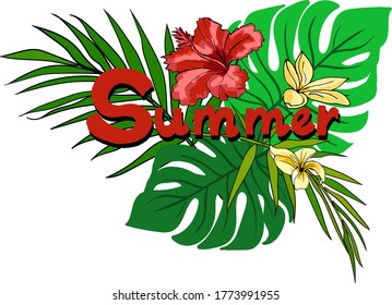 The word Summer is surrounded by leaves and flowers