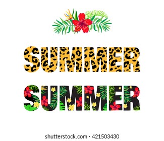 The word "summer" with a tropical floral pattern and leopard skin print.Element for your design. Vector illustration.