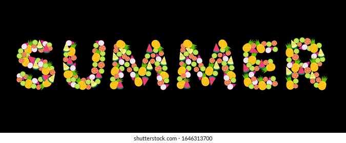 A word SUMMER with tropical fruit inside isolated on black background. Concept about summer,vacation, holiday, happy, joyful and etc.