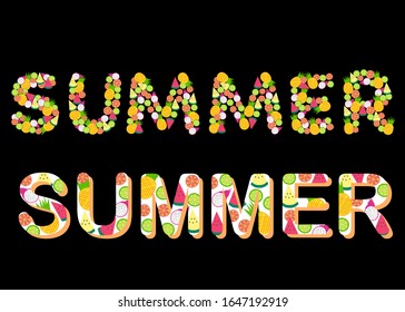 A word SUMMER with tropical fruit inside isolated on black background. Concept about summer,vacation, holiday, happy, joyful and etc.