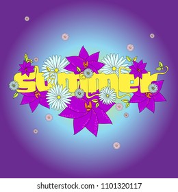 word summer, vector illustration with flowers on colorful background