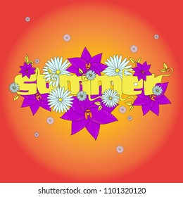 word summer, vector illustration with flowers on colorful background