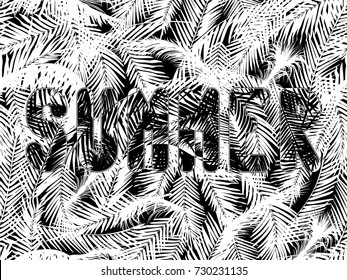 The word summer written on a black seamless background with white palm leaves
