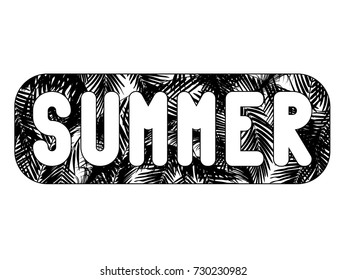The word Summer written in white letters in a frame with a background of stylized palm leaves