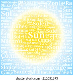 Word "sun" in different languages of the world on gradient background as the sun in the sky