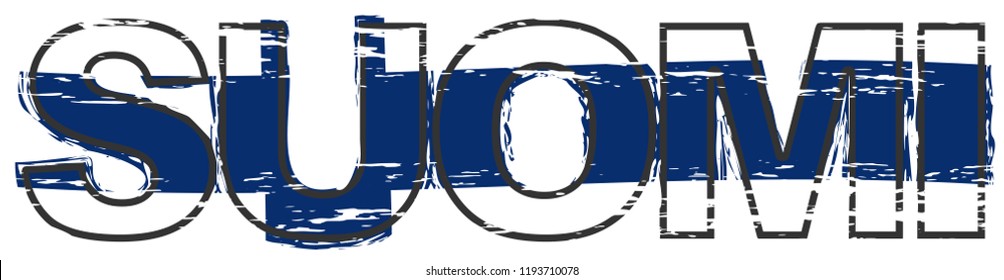 Word SUOMI (Finnish translation of Finland) with national flag under it, distressed grunge look.