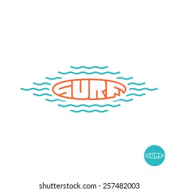 Word Surf Logo In A Shape Of A Surfing Board With Wavy Lines Around. Mono Line Style.