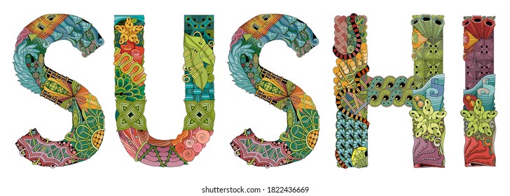 Word SUSHI. Vector zentangle object for decoration