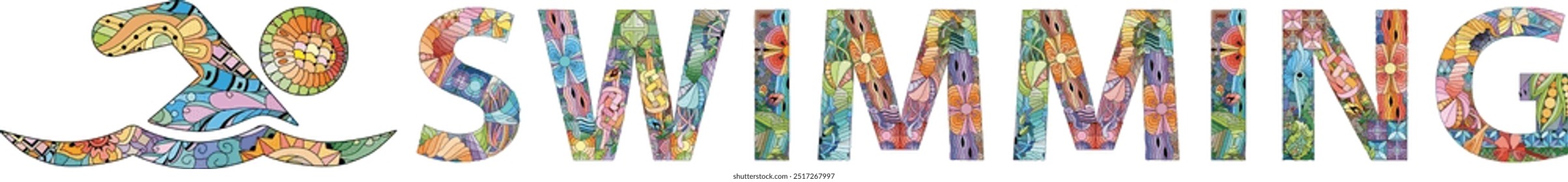 Word SWIMMING with sports icon. Vector decorative zentangle object for any purpose
