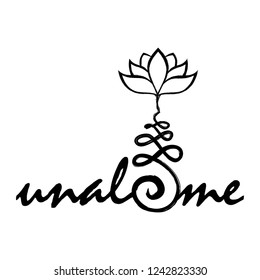 word and symbol unalome, Buddhist symbol for life path with lotus flower 