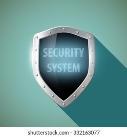 Word system security on the metal shield. Flat design. Stock vector illustration.