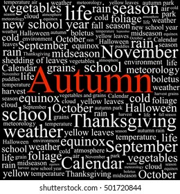 Word tag cloud concept illustration of autumn season on black background