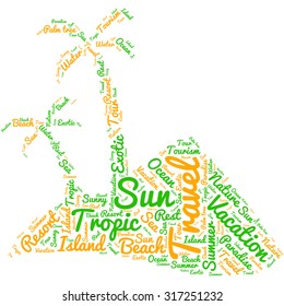 Word tag cloud in the form of an abstract island with palm trees