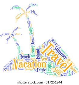 Word tag cloud in the form of an abstract island with palm trees
