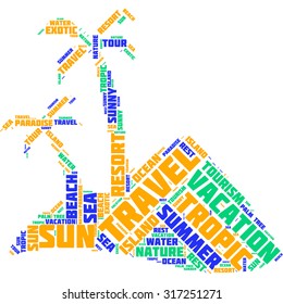 Word tag cloud in the form of an abstract island with palm trees