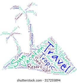 Word tag cloud in the form of an abstract island with palm trees