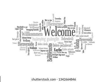 Word Tag Cloud, shows equivalents of 'Welcome', how to say it in many languages, vector ESP10