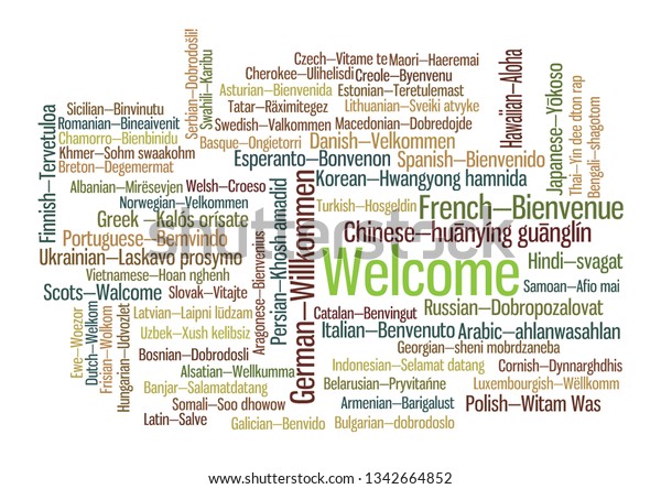 Word Tag Cloud Shows Equivalents Welcome Stock Vector (Royalty Free) 1342664852