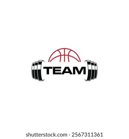 the word "TEAM" in bold black letters, flanked by two barbell weights on either side, with a red basketball above it, symbolizing strength and teamwork in sports