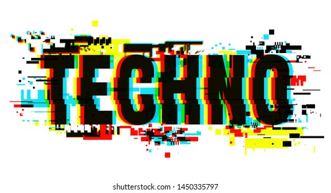 The word Techno. The glitch effect typography banner card.