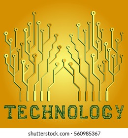 The word Technology green and gold circuit board. Technological symbol. Abstract background.