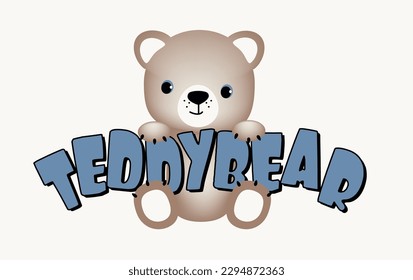 Word teddy bear with little brown bear. Vector illustration