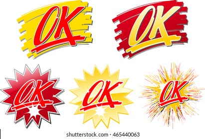 word templates "OK" in script font letters in front of brush strokes and stars
