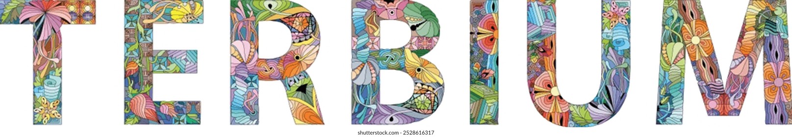 Word TERBIUM. Vector zentangle object for decoration