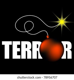 word terror with bomb on black background