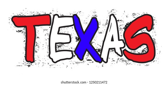 The word TEXAS sprayed onto a wall in red white and blue with a white background