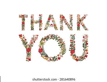 The word "thank you", lined with flowers and leaves.
Editable Vector Cute floral card on a white background.