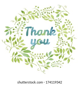 Word "Thank you" in simple and cute floral oval wreath with spring branches and leaves. Vectorized watercolor drawing.