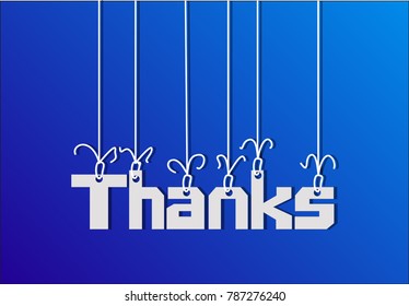 The word Thanks is written with white letters hanging from the ceiling, on blue background