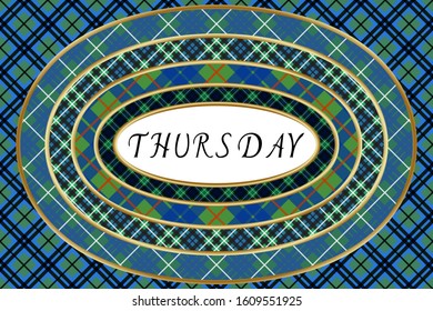 The word "Thursday" framed by blue and green checkered ovals.