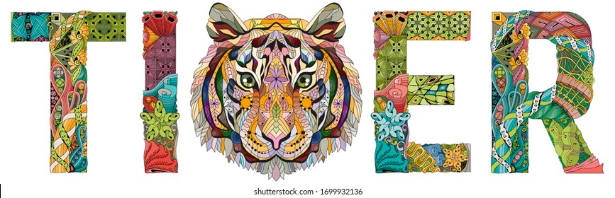 Word tiger. Vector zentangle object for decoration