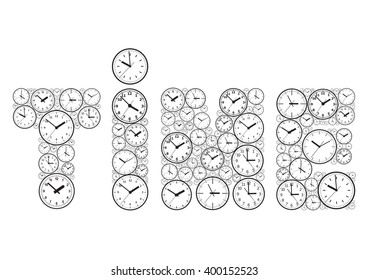 La hora de la palabra, compuesta de marcas de reloj. Ilustración vectorial.