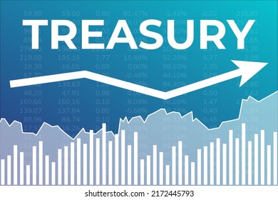 Word Treasury on blue finance background from columns, line, numbers, arrow. Economy and finance concept
