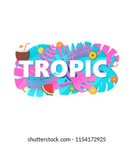 Word TROPIC composition with creative pink blue jungle leaves and fruits on white background in paper cut style. Tropical leaf letters for poster, banner flyer T-shirt printing, Vector illustration